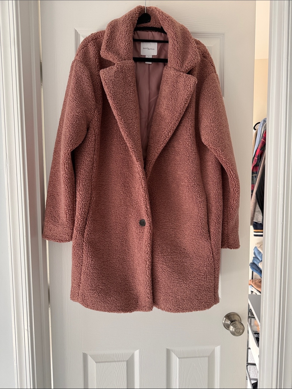 Daily Ritual Dusty Rose Teddy Coat with Single-Button Front
